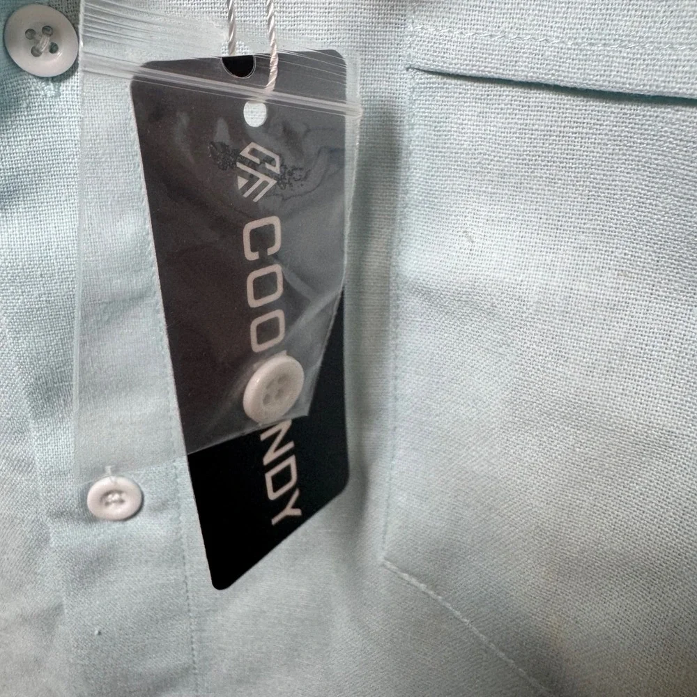 COOFANDY Men's Short Sleeve Button Down Shirt Light Blue Linen Blend‎ XXLarge